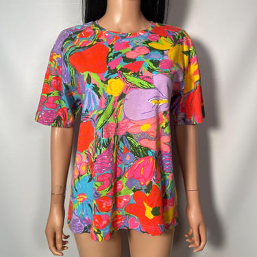 Vintage 80s Bright Bold Floral Allover Print Cotton Tshirt Made In USA Size S/M 