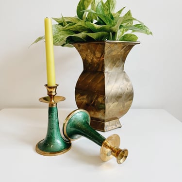 Pair of Green Enameled Brass Candle Holders
