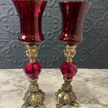 Hollywood Regency ruby Red Votive Candle Holder x 2