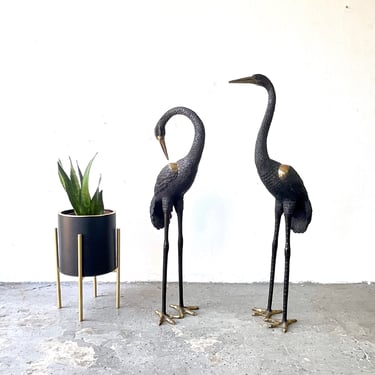 Circa 1960's Mid Century Modern Brass Life Size Pair of Cranes Birds Sculptures 