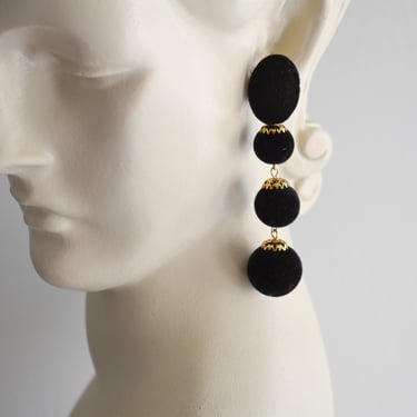 1990s Black Flocked Bead Dangle Pierced Earrings 