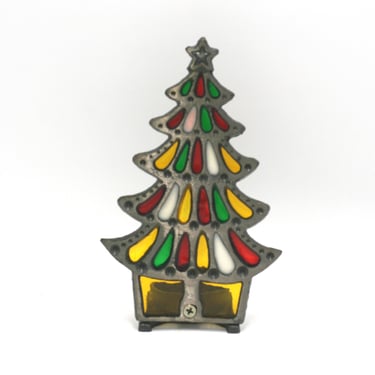 vintage Christmas Tree Votive Holder Stained Glass Style 