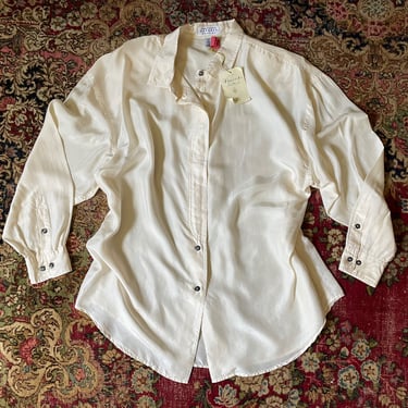 Ivory silk ‘90s Express Compagnie International oversize blouse, new old stock with tags | ladies L 