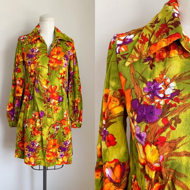 Vintage 1970s Neon Floral Shirt Dress / S 
