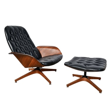 Mrs. Chair designed by George Mulhauser Plycraft Walnut Eames Style Lounge Chair & Ottoman  Mid Century Modern 