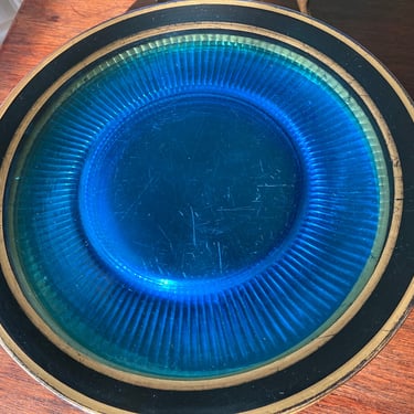 Blue Glass Plates With Black and Gold Rim 