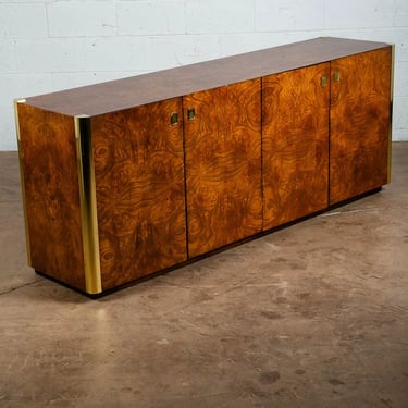 Mid Century Modern Credenza Sideboard Brass Burl Milo Baughman Furniture 4 Door