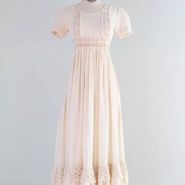 Ethereal 1970's Pin Tuck Pleated Cotton Gauze Wedding Dress With Crochet Accents / S