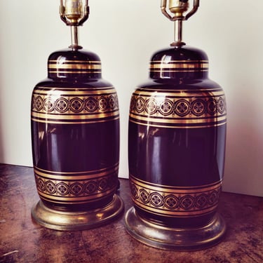 Black and Gold Ceramic Table Lamps Hollywood Regency  a pair 