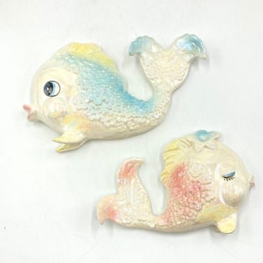 Vintage Iridescent Ceramic Kissing Fish, Set of Two Fishes, No. 7322, Pink, Blue, Flowers, Mid Century Wall Hangings, MCM Bathroom Decor 