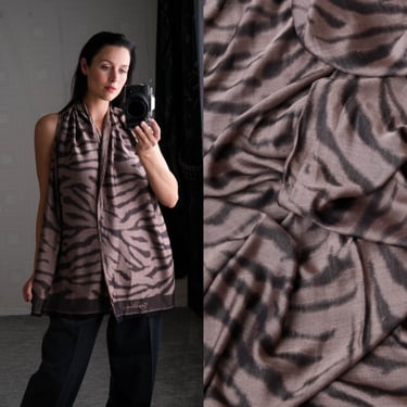 GIORGIO ARMANI Mauve Gray Tiger Print Silk & Wool Fringe Shawl Scarf w/ Embroidered Signature | 71x30 | Y2K ARMANI Designer Silk Wool Scarf 