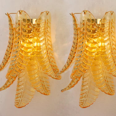 Set of 2 Wall sconce amber Murano petals glass Made in Italy, vintage style wall lamp with decorated leaves, Italian design lamp 