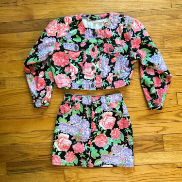 90s Kids/Youth Floral Rose Print Cropped Denim Jacket and Skirt Set | Youth Size 8/10 