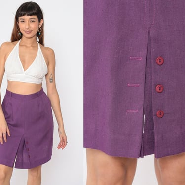 Purple Pencil Skirt 80s Mini Skirt High Waisted Preppy Pleated Button Front Plain Simple High Waist Retro Secretary Vintage 1980s Medium 8 