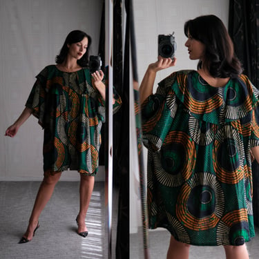 Vintage 90s African Green & Orange Sphere Print Tunic Dress w/ Hidden Pockets | Made in India | 100% Cotton | 1990s Bohemian Free Fit Dress 