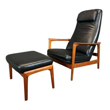 Vintage Danish Mid Century Modern Teak Lounge Chair and Ottoman by Folke Ohlsson for Dux 