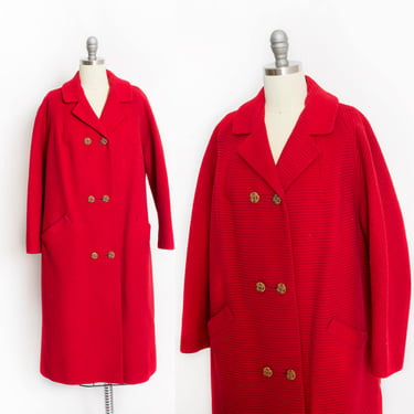 1960s Coat Red Wool Ribbed Rhinestone Buttons M / L 