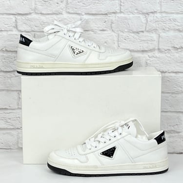 Prada Downtown Perforated Leather Sneakers, Size 37, White