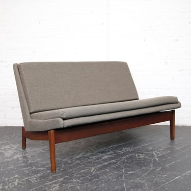 Vintage MCM 60's walnut wood frame loveseat sofa Jens Risom style | Free delivery in NYC and Hudson Valley areas 