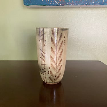 Midcentury Modern Beige Artisan Handmade Signed Studio Hand-painted Flower Glaze Ceramic Pottery Vase Vessel 