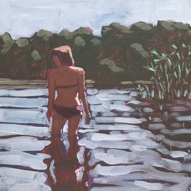 Woman in Lake - Original Acrylic Painting on Canvas 10" x 10", michael van, summer, fine art, small, water, gallery wall, swimming, bathing 