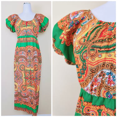 1970s Vintage Green and Yellow Paisley Peasant Dress / 70s / Seventies Puffed Sleeve Elastic Kaleidoscope Psychedelic Maxi /  Small/Medium 