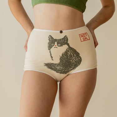 Organic Cat Underwear, High Waisted Womens Panties, Not Ok Kitty Print Undies 