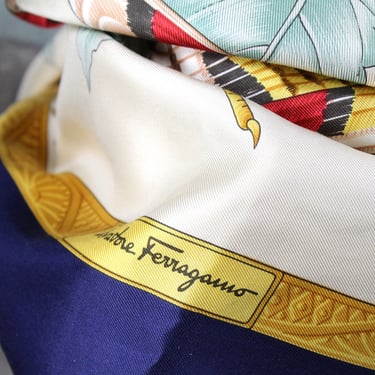 Vintage Salvatore Ferragamo Hand Rolled Silk Scarf | Navy Blue with Exotic Birds | Vintage Ferragamo Square Scarf 