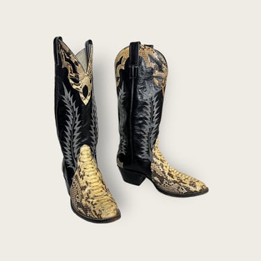 Vintage Women's 2-Tone SNAKESKIN Cowboy Boots ~ size 7 1/2 ~ Black ~ Western / Rockabilly ~ 