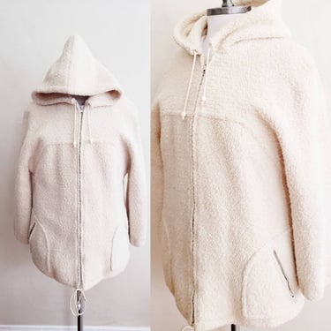 70s 60s Cream Fuzzy Wool Zip up Jacket Hooded / Ivory Boucle Wool Unisex Hoodie Saks Fifth Avenue The Young Circle Junior Belle / M 
