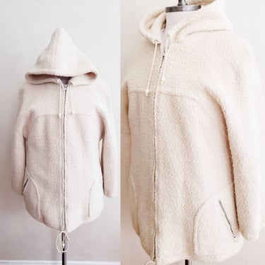 70s 60s Cream Fuzzy Wool Zip up Jacket Hooded / Ivory | RareJule  