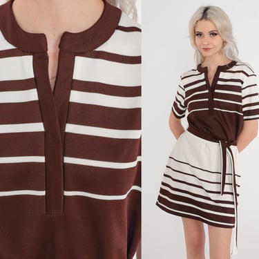 70s Mini Dress Brown White Striped Dress 60s Shift Mod Slit V Neckline Vintage 1970s Twiggy Belted Short Sleeve Minidress Small S 