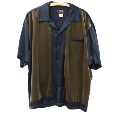 Vintage 90s Bowling Style Shirt - Olive Green Velvet and Black Rayon / Acetate 