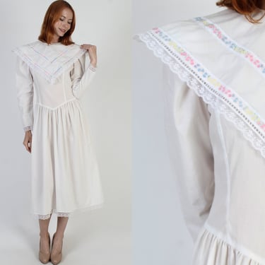 Vintage 80s Gunne Sax Tea Dress, Jessica McClintock Tea Outfit, White Wide Embroidered Collar Midi Dress 9 10 