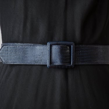 vegan leather belt | 80s 90s vintage navy blue alligator faux leather academia wide waist belt 