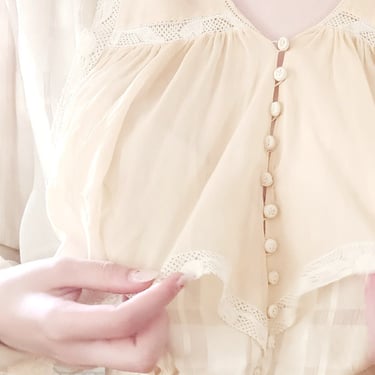 Edwardian Beige Silk Blouse Check Pattern Long Sleeve Waist Sash 