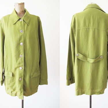Lime Green Linen Blend Jacket M L - Vintage 90s Linen Chore Jacket - Natural Fiber - Solid Color Jacket 
