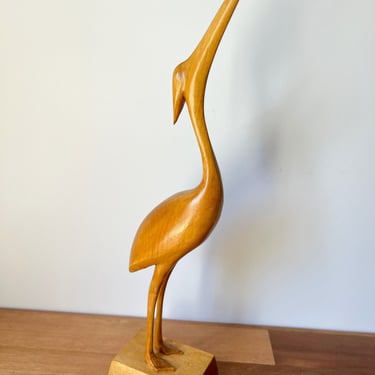 Mid Century Wood Crane Figurine. Carved Wood Stork. Danish Modern Decorative Statue. 