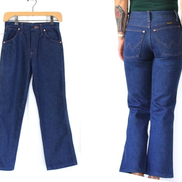 26” x 27” Mid 1960s Wranglers Jeans Made in USA Lasso Font Student Fit - Cropped Kick Flare Vintage Denim - Size 00 