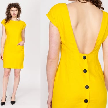 Medium 80s Yellow Linen Low Back Mini Dress | Vintage Button Back Cap Sleeve Shift Cocktail Dress 