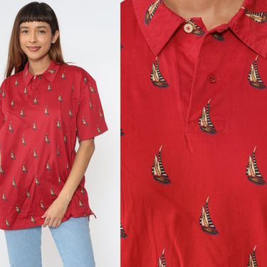 Ralph Lauren Polo Shirt 90s Red Nautical Sailboat Shirt Button Up T-shirt Retro RLP Preppy Short Sleeve Cotton Vintage 1990s Men's Large 