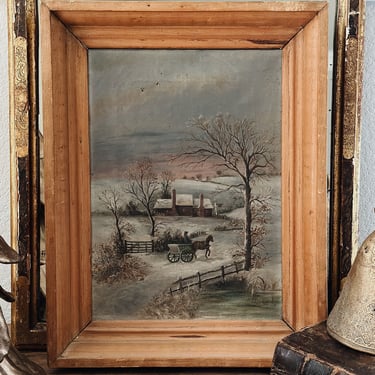 Original Antique Oil Painting, Winter Sleigh Scene 