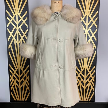 vintage coat, white leather, vintage 60s coat, mod, fur trim, a-line, size small, retro style, 34 bust, Megan draper, mrs maisel, mad men 