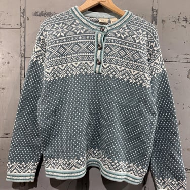 Vintage LL Bean Norway Geometric Birdseye Sweater with Metal Buttons Nordic Pattern Christmas holiday blue 
