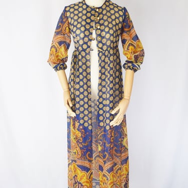 Vintage 1970s Kashmiri Print Duster | XS | 60s/70s Long Sheer Boho Jacket with Puff Sleeves and Paisley Print 