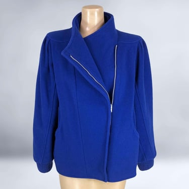 VINTAGE 80s Blue Wool Asymmetrical Zipper Coat by Freddi-Gail | 1980s New Wave Short Winter Jacket | VFG 