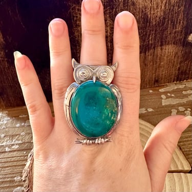 PERCHED OWL Silver & Blue Ring | Vintage Jewelry | Southwestern | Large Statement Ring | Maybe Turquoise | Most likely Navajo |Size 8 