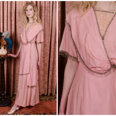 Edwardian Dress - Vintage Pink Cotton Dress in a early 1910s Style - Likely Made by Historic Costumer, Part Original Materials 