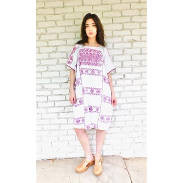 Hand Loomed Huipil Dress // vintage 70s embroidered white boho hippie Mexican midi hippy 1970s woven cotton 70's 1970's // O/S 