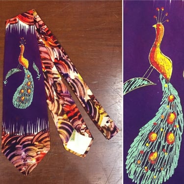 Vintage 1940’s Necktie, Hand Painted Peacock, 1950’s Tie, Rockabilly Tie, Swing Tie, Psychedelic, Mid Century Tie 